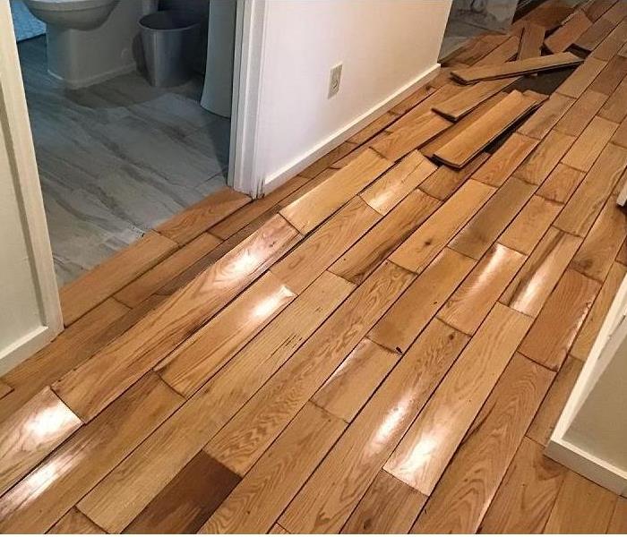 A buckled and lifted hardwood floor inside a home