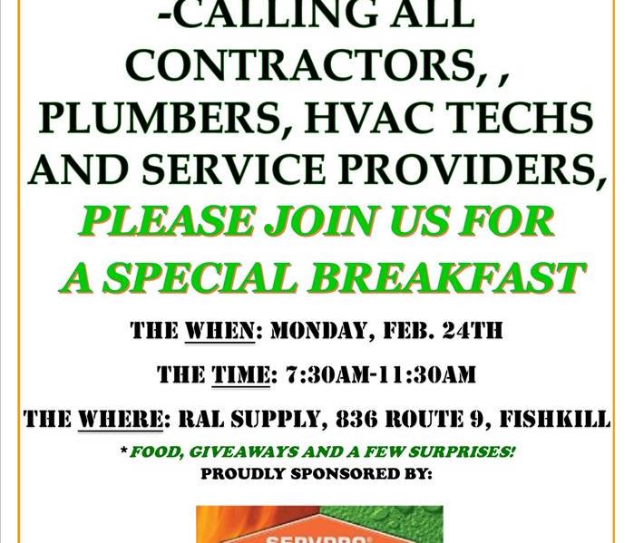 A flier inviting all area contractors to breakfast