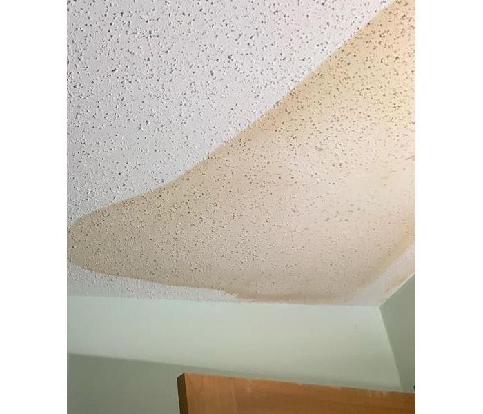 A section of a water stained popcorn ceiling inside a home