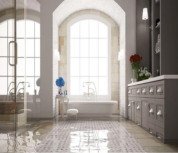 A large bathroom with an inch of water covering the whole floor.