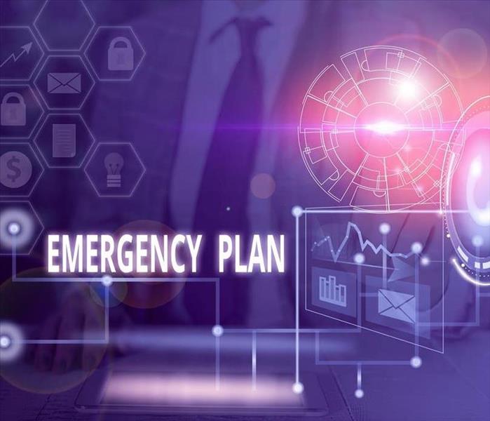An image of the words "Emergency Plan" lit up in white, on a purple and pink background surrounded by business related emojis