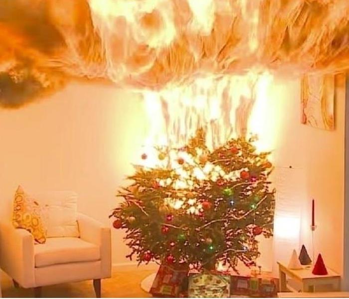 A photo of a burning Christmas tree in a living room.