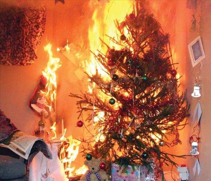 A Christmas tree on fire surrounded by personal items