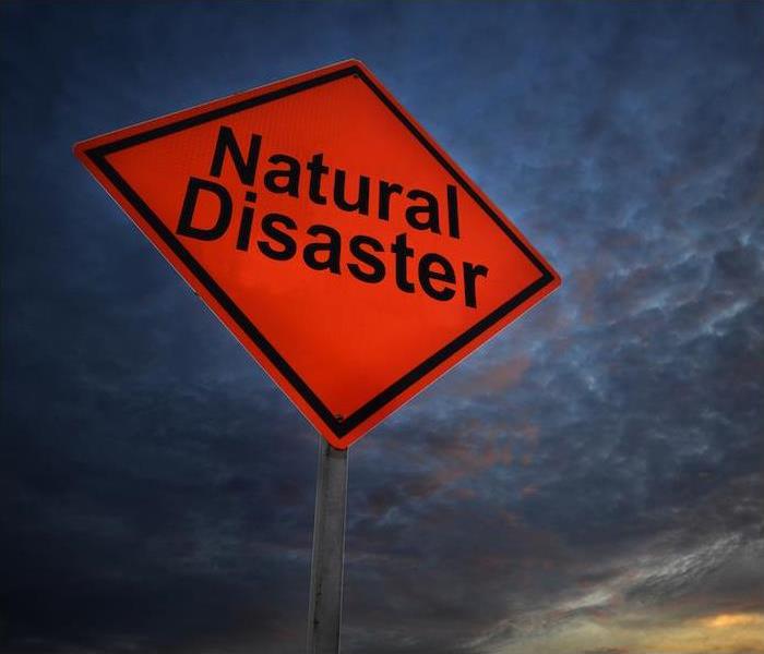 an image of dark and threatening skies with a red street sign stating "Natural Disaster."