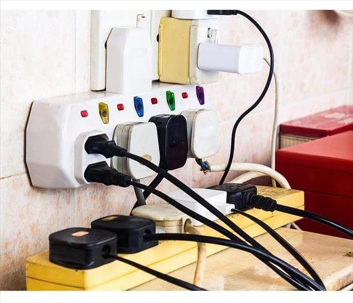 A wall outlet and power strip overloaded with far too many items plugged in